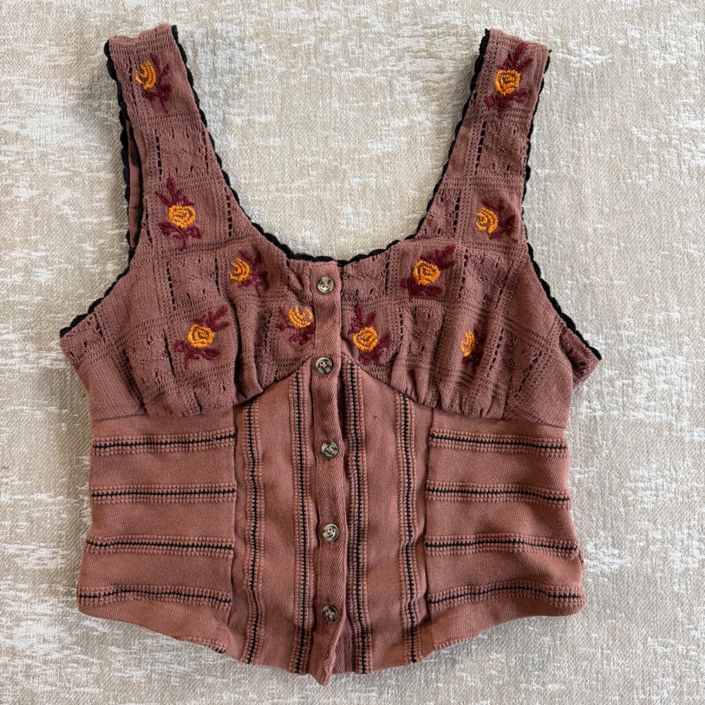 Free People Embroidered Corset Top Womens Small Brown Fairycore Cotton